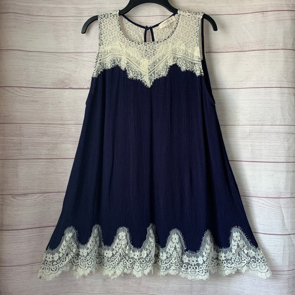 Umgee Navy Blue and Cream Lace Tunic Swing Dress Sleeveless Size XL - Picture 9 of 16